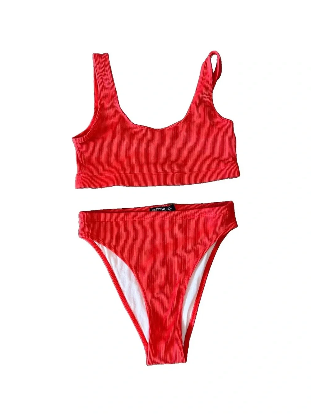 Nasty Gal Ribbed Red High Waist Bikini Set XS High Cut Scoop Neck